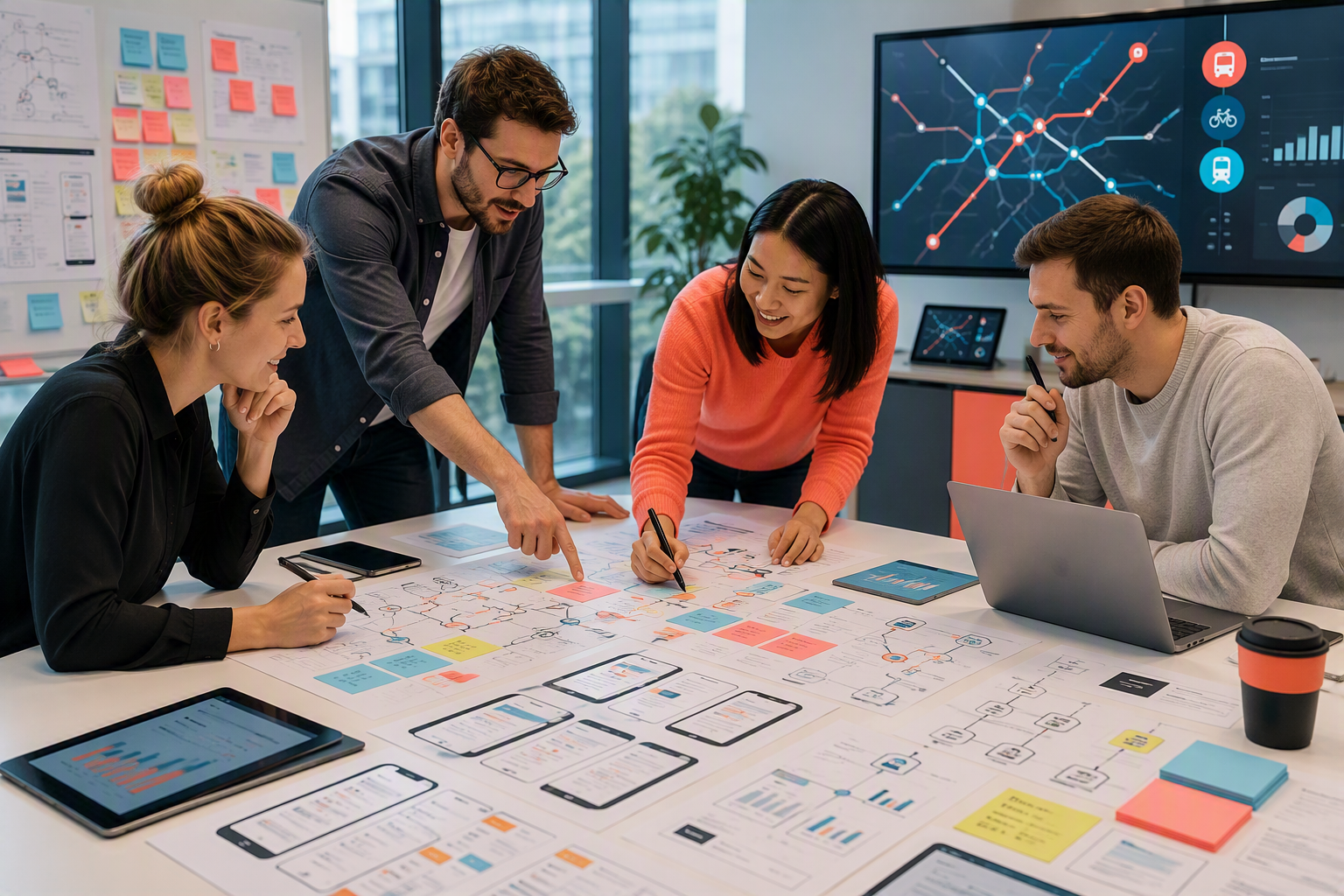 Group of four people collaborating around a table with charts, diagrams, and electronic devices in a modern office.