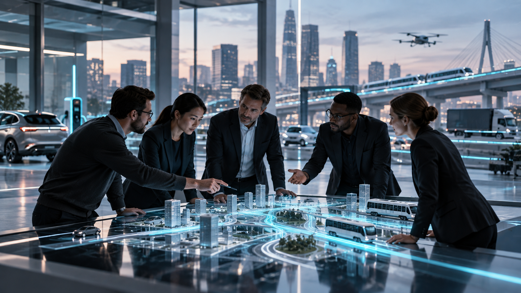 Mobility partners collaborating around connected transport systems, urban planning or infrastructure development.