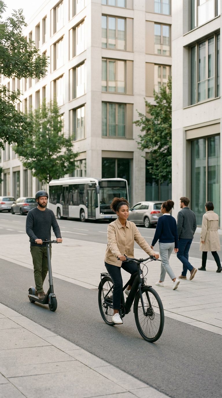 Urban street scene with pedestrians, cyclists, and a scooter rider passing by modern office buildings.