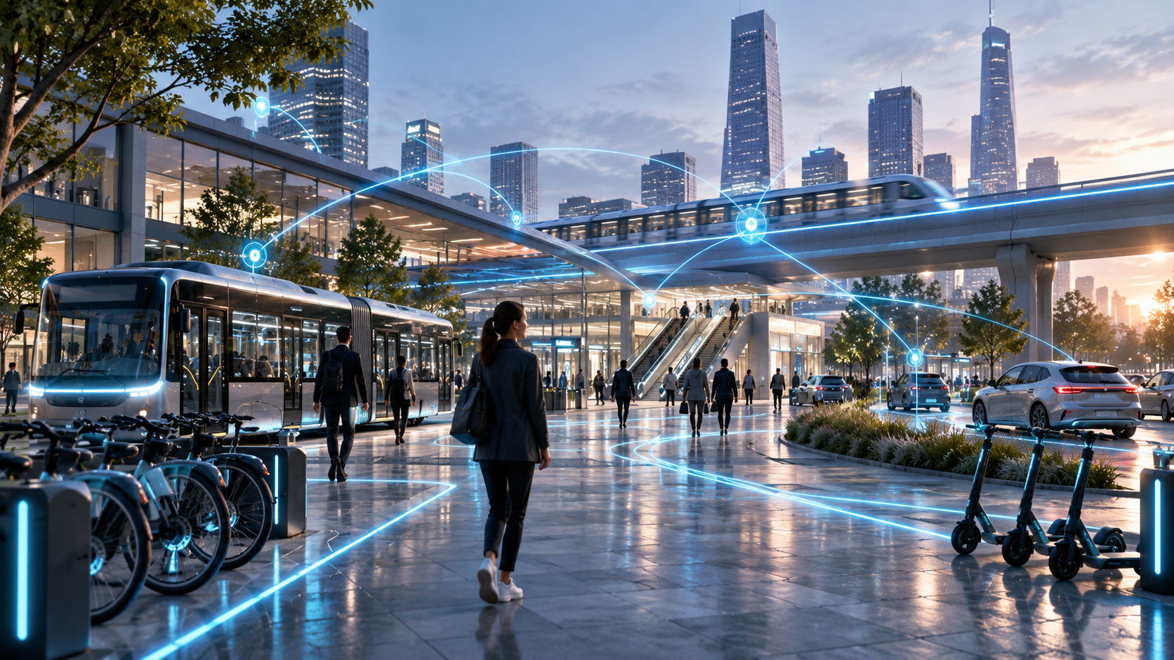 Multimodal urban mobility combining public transport, cycling, walking and shared mobility.