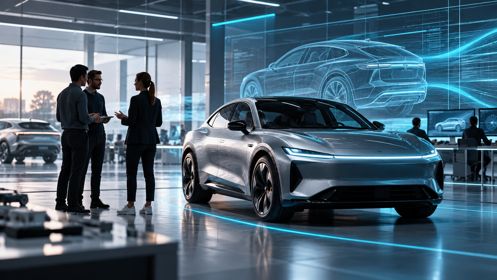 Automotive development and commercial strategy in a modern vehicle showroom.