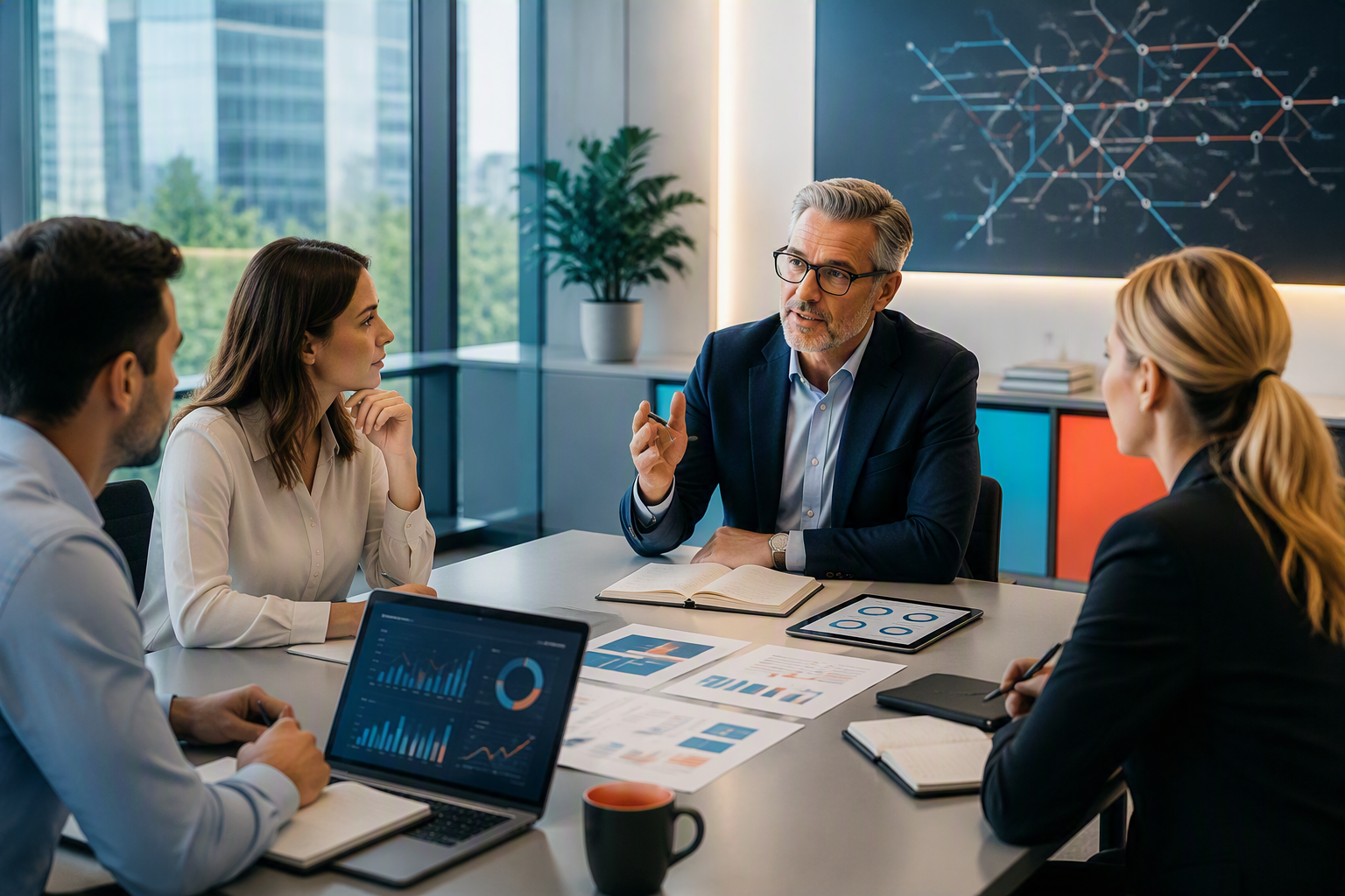 Business meeting in modern conference room with five people discussing, with charts and graphs on laptops and papers, and a large digital display showing a network diagram in the background.