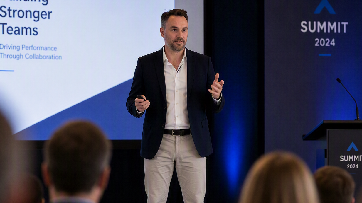 A man in a dark blazer, white shirt, and light-colored pants giving a presentation at a conference with a large screen behind him displaying the words 'Stronger Teams'. The audience is visible in the foreground, and the event is labelled as 'Summit 2024'.