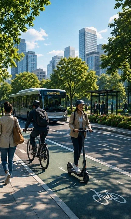 City street scene with pedestrians, a cyclist, a woman riding an electric scooter, bus, trees, and skyscrapers under a blue sky