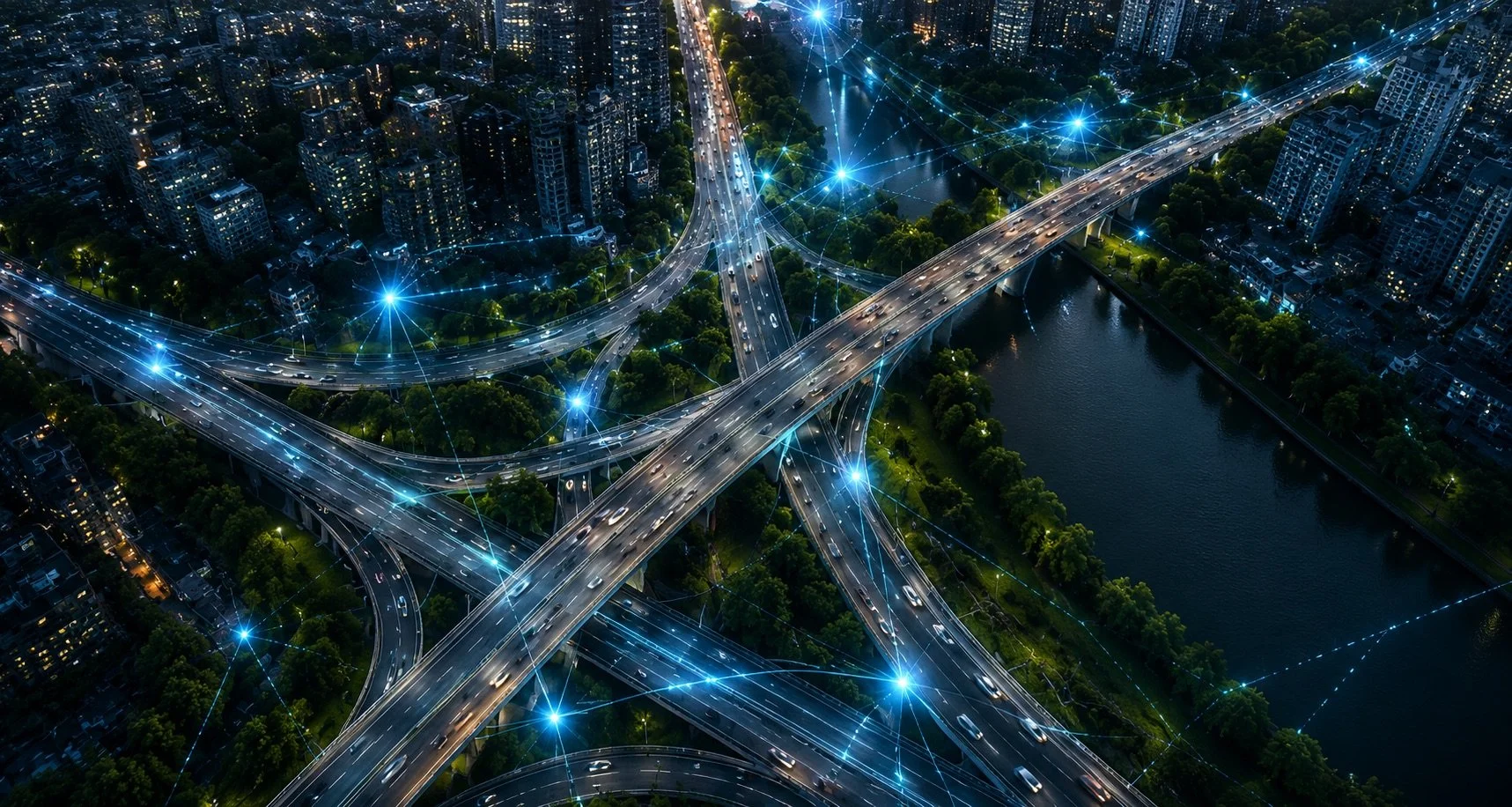 Night aerial view of a bridge and highway interchange in a city, with cars and blue digital network lines overlaying the scene.