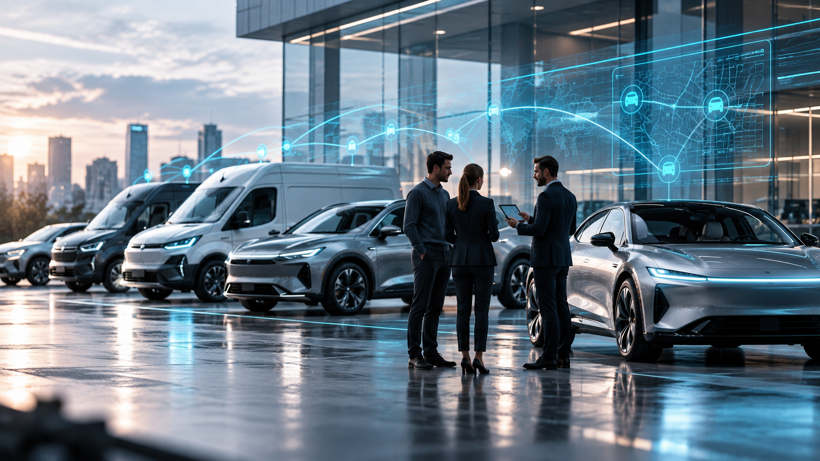 Fleet and leasing vehicles supported by commercial and digital management tools.