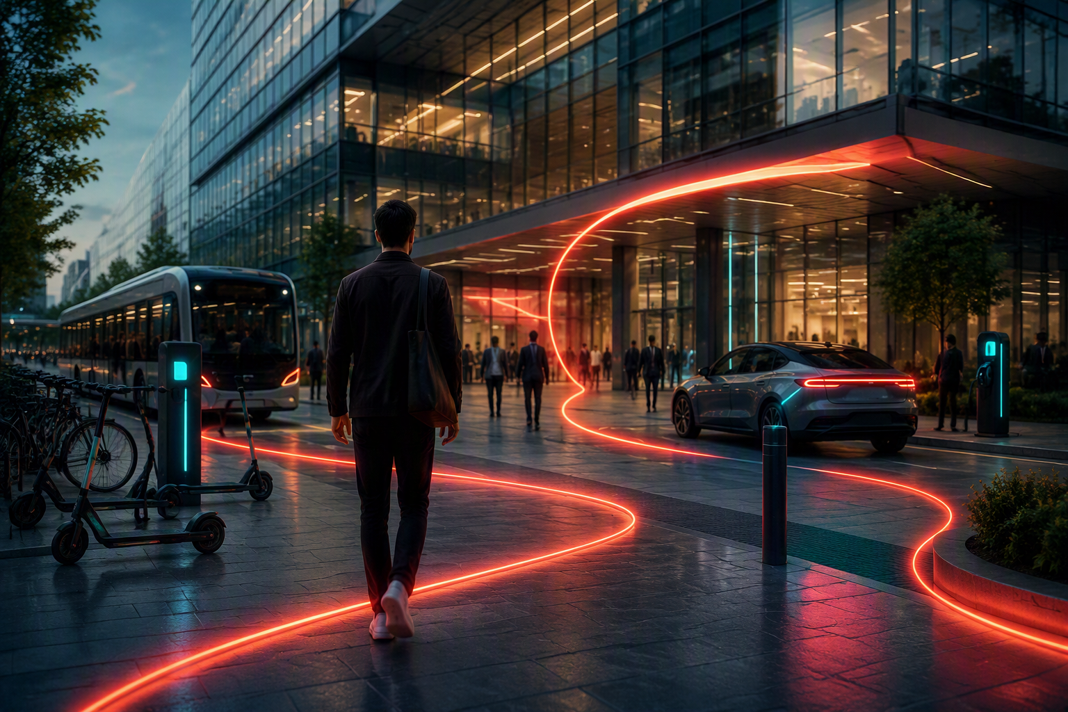 A man walking towards a modern city building with glowing red and blue neon lights, electric vehicles, bicycles, and electronic charging stations outside.
