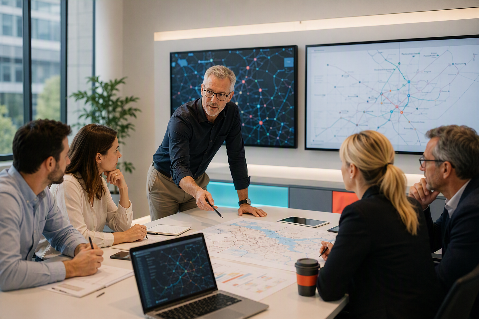 A man in glasses points at a map on a table during a business meeting with five colleagues in a modern conference room, with digital maps displayed on large screens behind him.