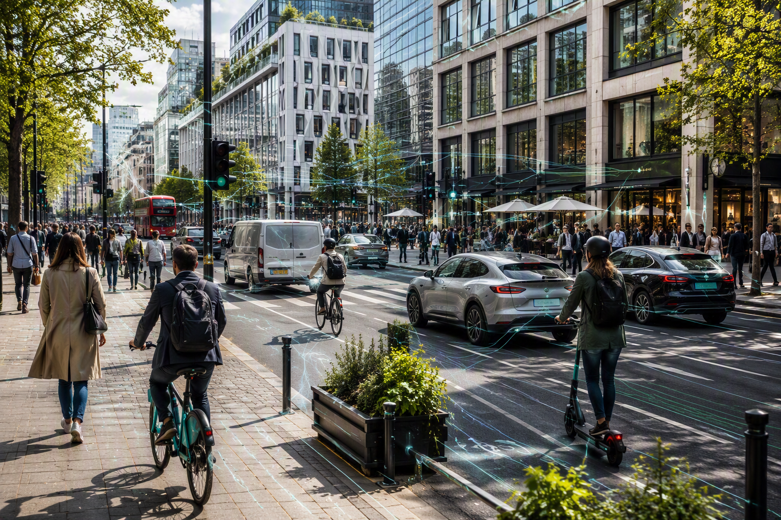 Busy urban street showing walking, cycling, public transport and private vehicles.