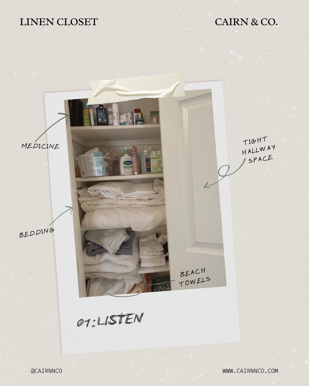 Before photo of a hallway linen closet by Cairn & Co. showing crowded shelves with medicine, bedding, and beach towels, with handwritten notes highlighting the tight hallway space and existing storage categories.
