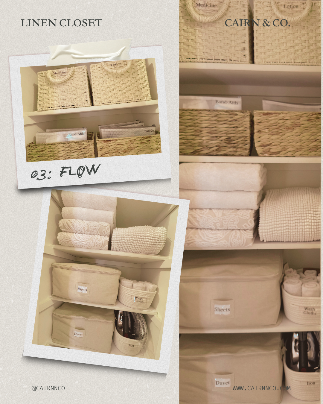 After photo of an organized linen closet by Cairn & Co. with labeled baskets, neatly folded towels, sheet and duvet storage bins, wash cloths, and an iron arranged in a calm, functional system.