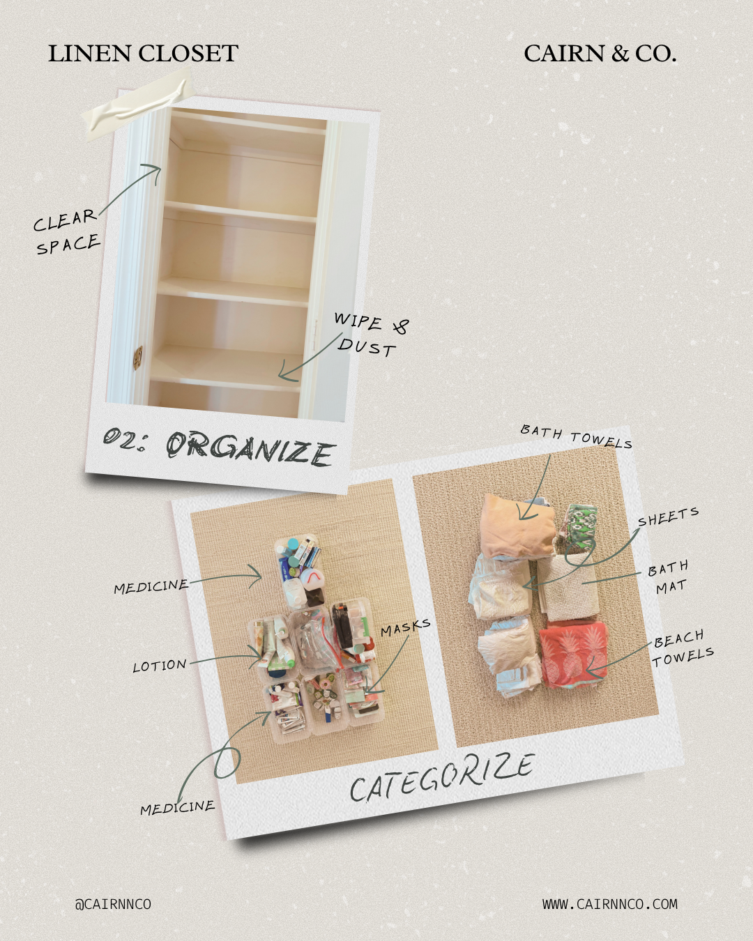 Linen closet organizing process graphic by Cairn & Co. showing an emptied closet, categorized toiletries and linens, and handwritten notes for clear space, wipe and dust, medicine, lotion, masks, bath towels, sheets, bath mat, and beach towels.