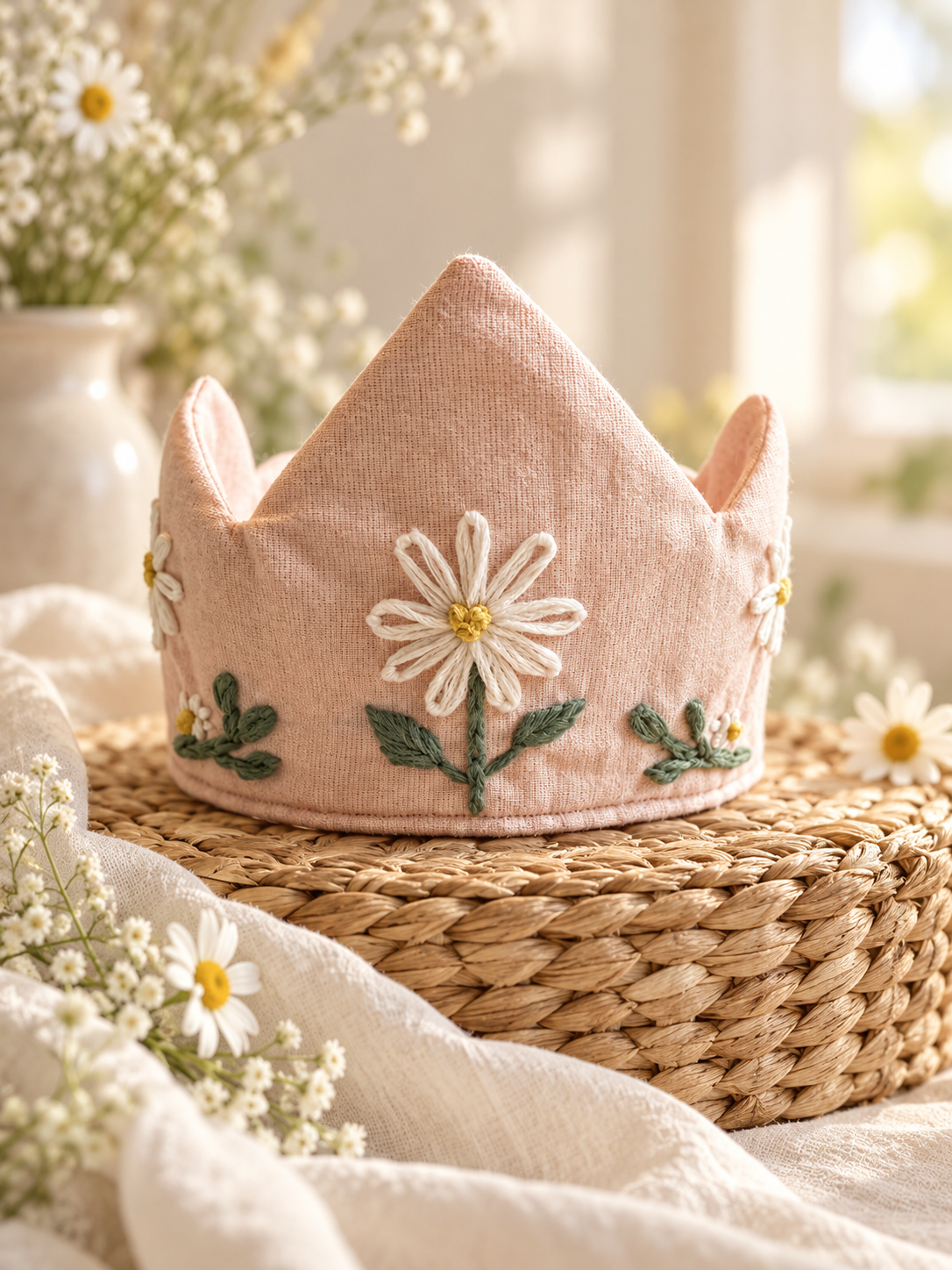 Hand-Embroidered Daisy Crown