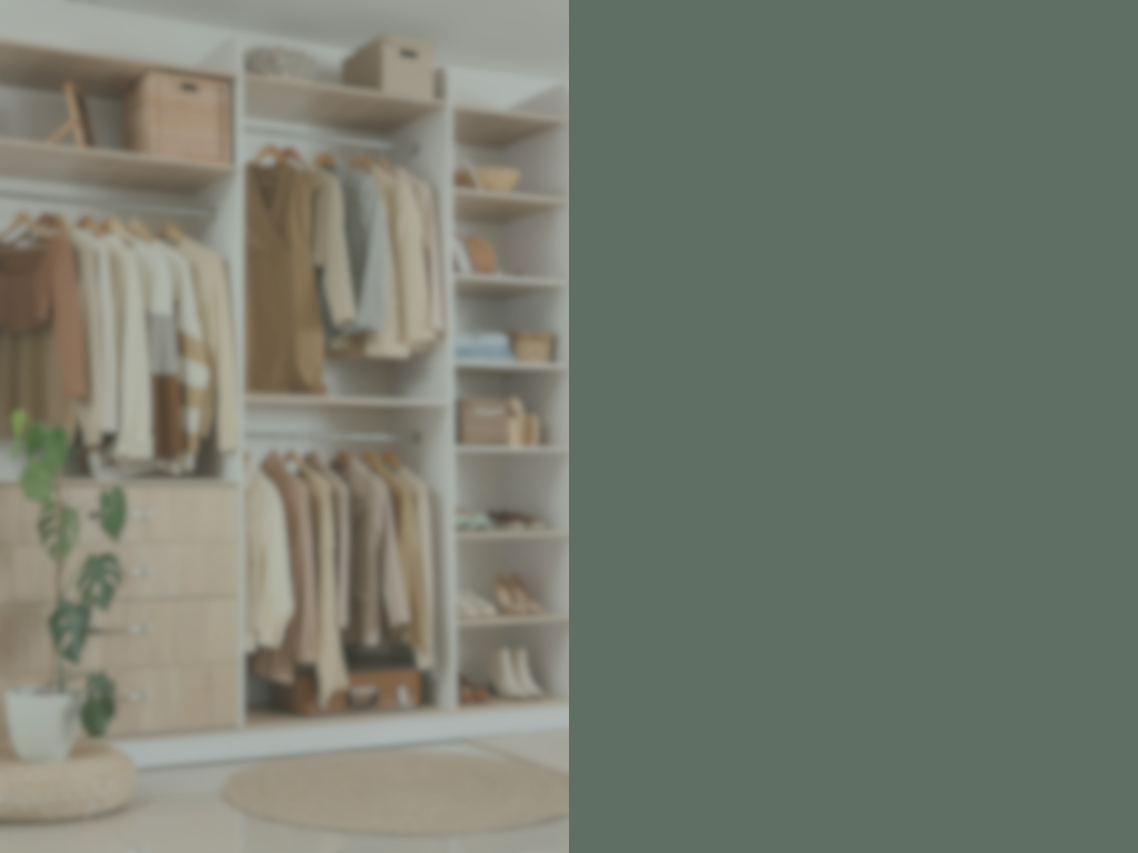 Organized closet with hanging clothes, shelves with storage boxes, and shoes on the shelves.