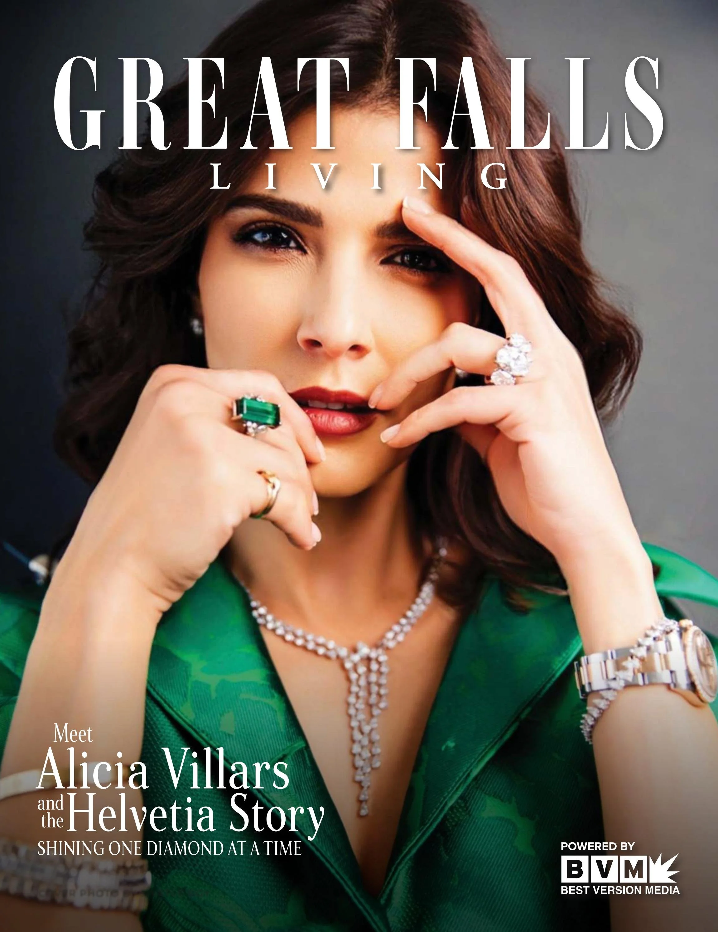 Close-up photo of a woman wearing multiple rings and a pearl necklace, with text overlay promoting Alicia Villars and the Helvetia Story, powered by BVM.