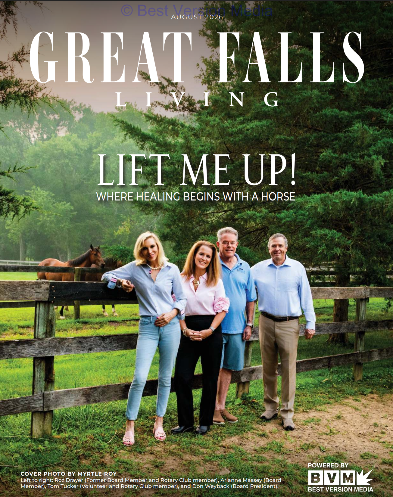 A group of four people standing in front of a horse farm fence, surrounded by green trees and grass, with horses in the background, promoting Great Falls Living magazine.