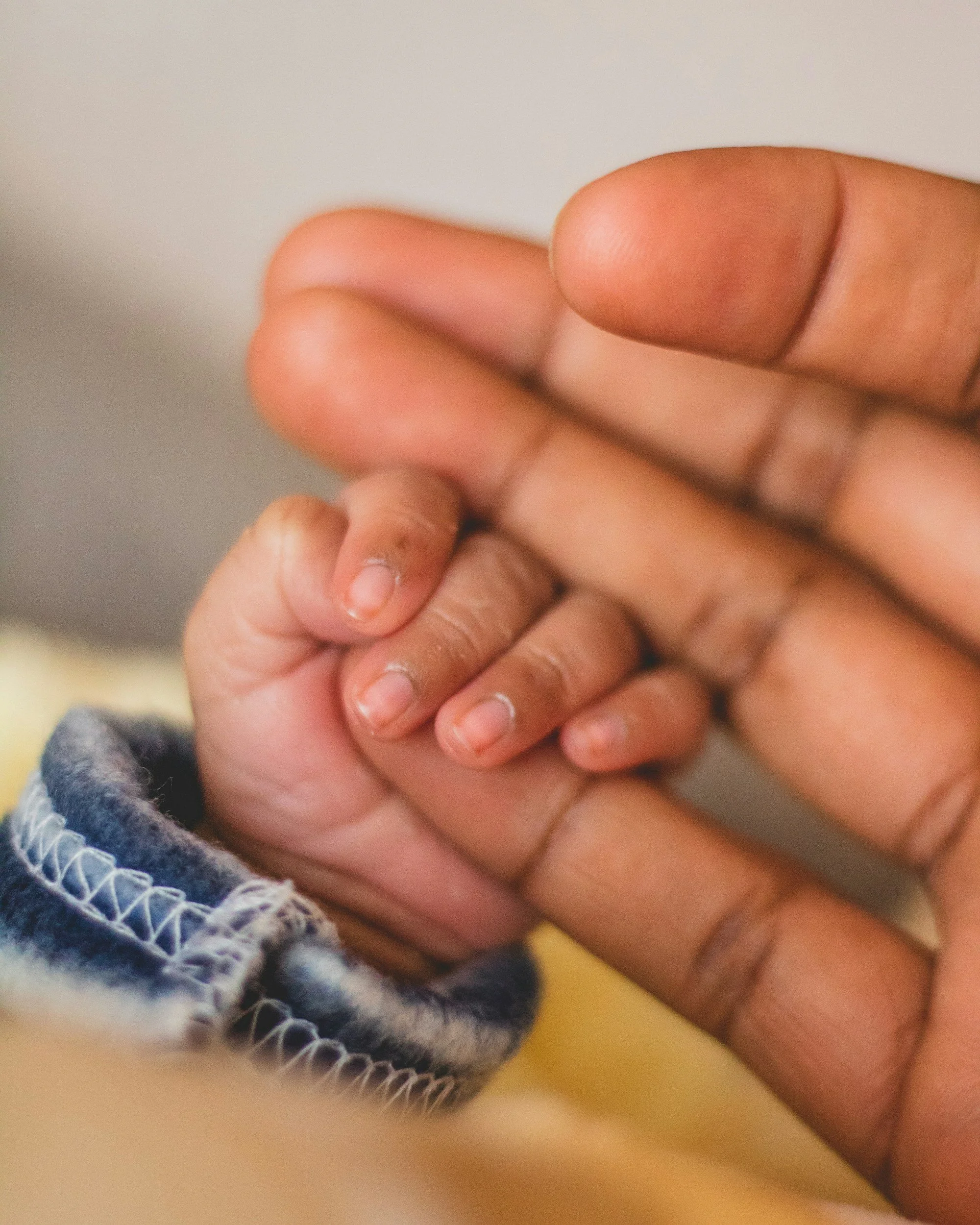 Close-up of a parent's hand holding a child's hand, showing the small fingers.