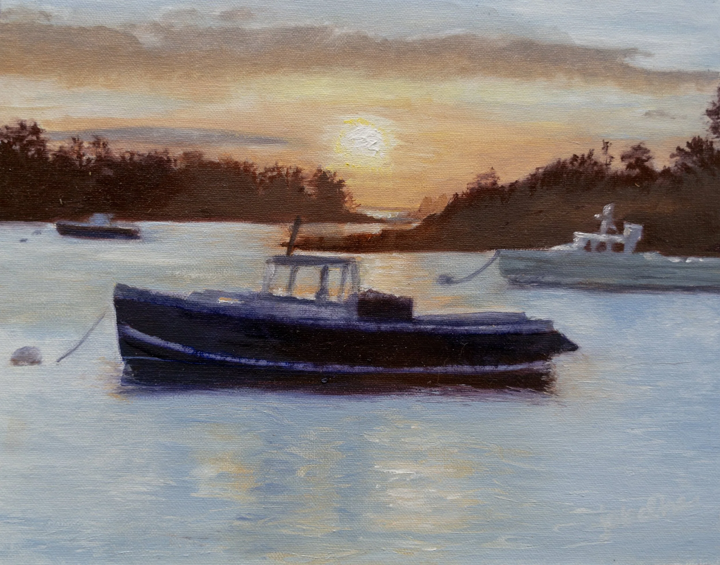 "Boats at Sunrise" Oil on linen panel, 8 x 10