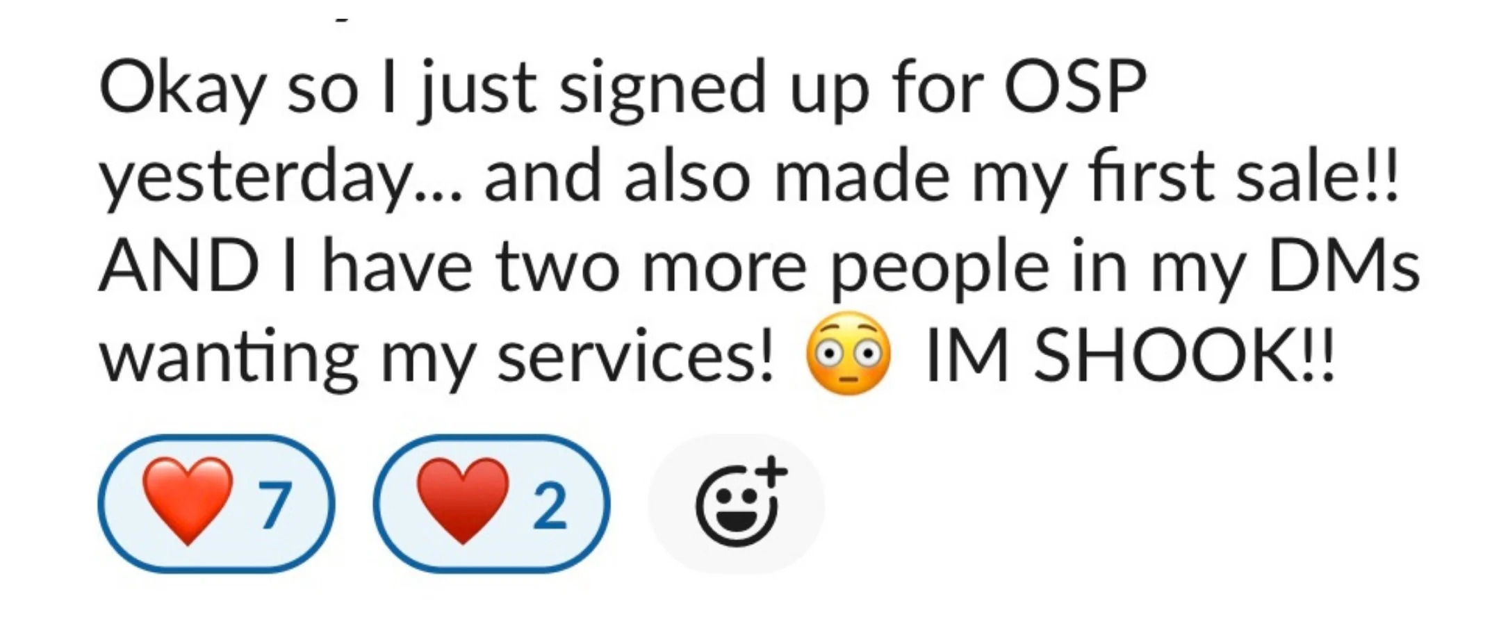 Student testimonial celebrating their first sale after joining Erin Mort's course