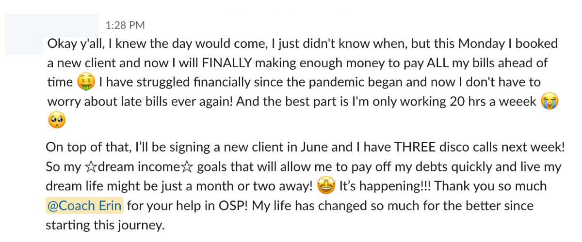 OSP Student Testimonial detailing getting new clients soon after joining the program