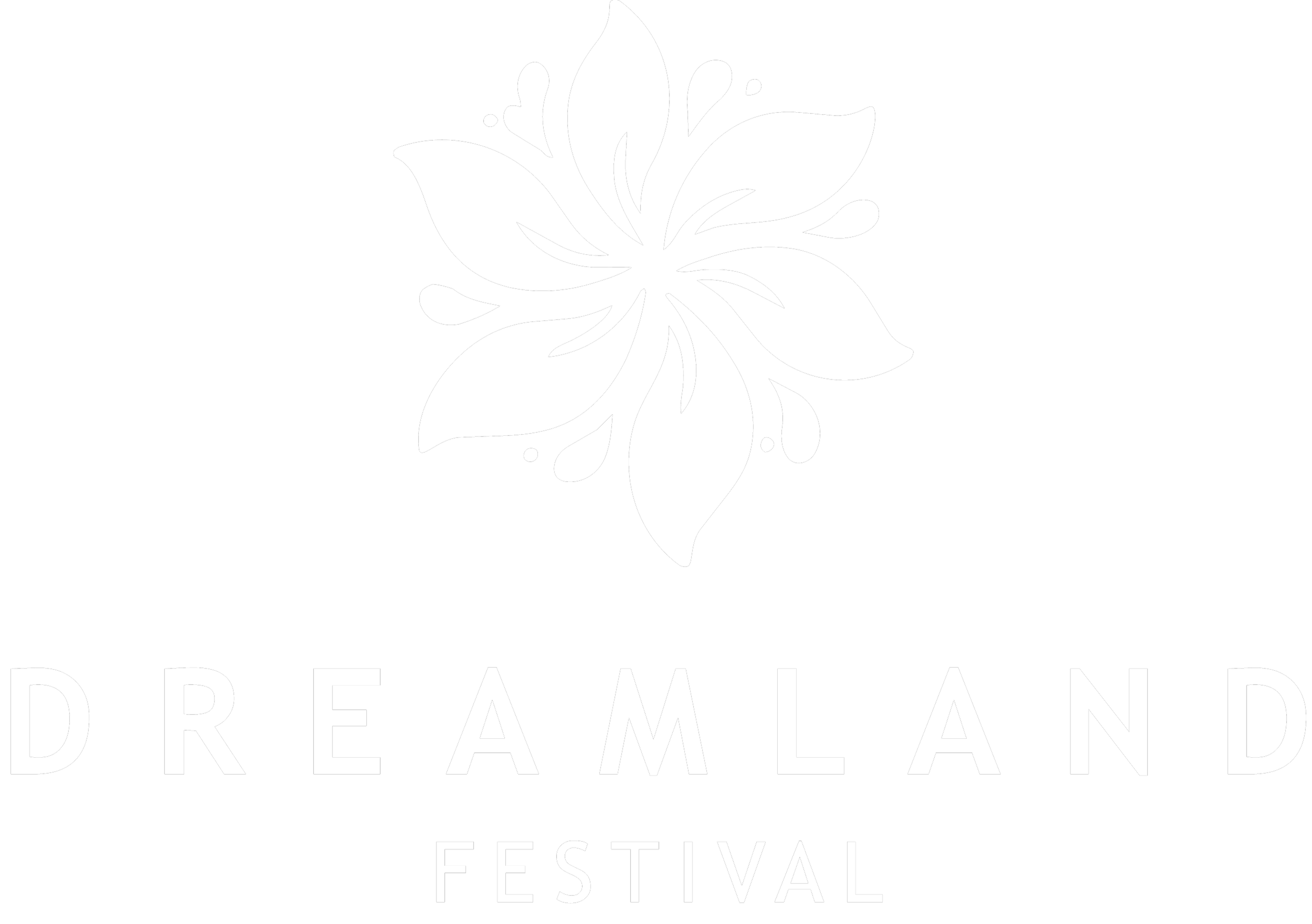 Schwarz-weiß Logo mit einer stilisierten Blume und Text 'DREAMLAND FESTIVAL'.