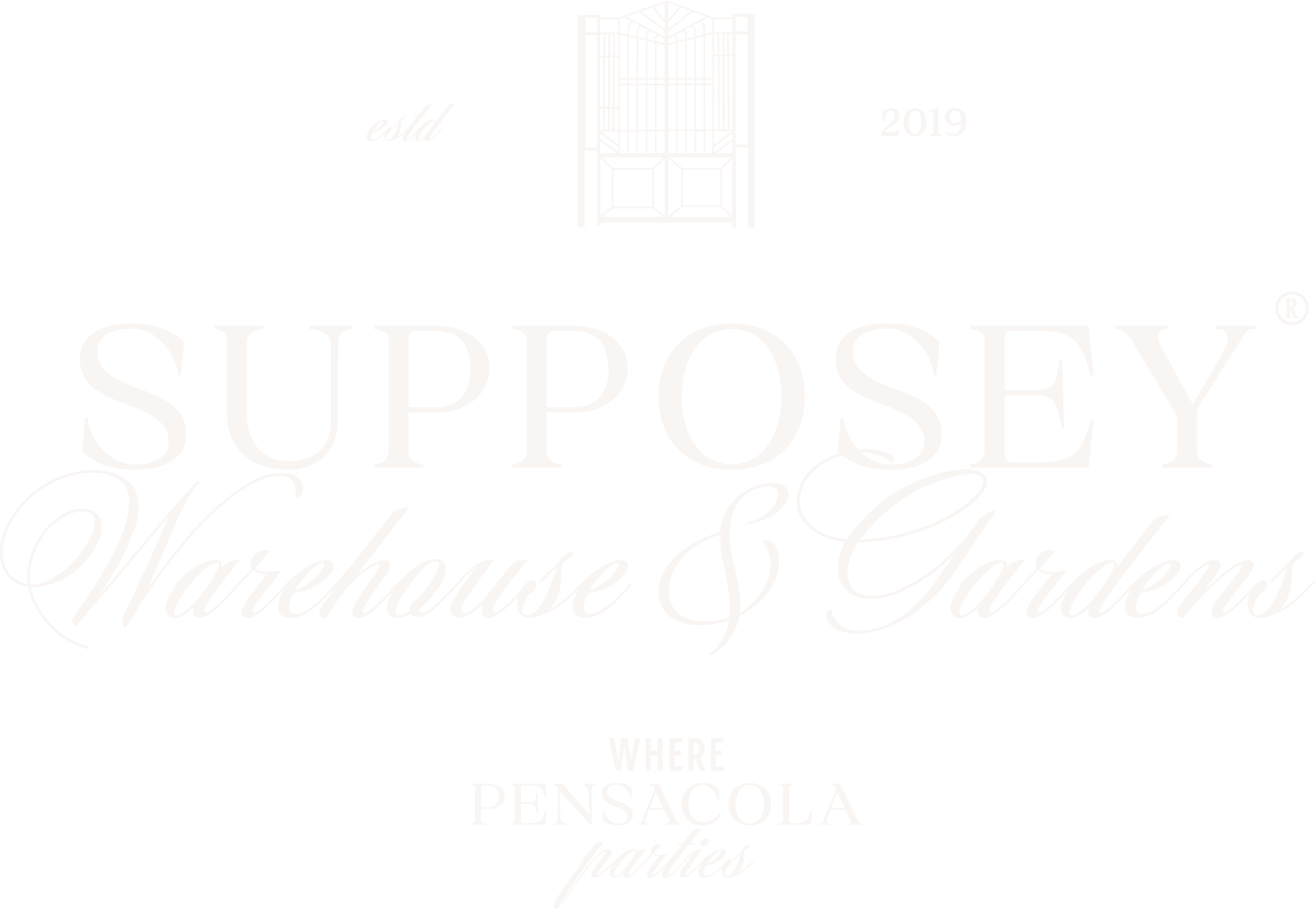 Logo for Supposey Warehouse & Gardens with a door graphic at the top and text indicating it is established in 2019, located in Pensacola, and the slogan 'parties'.