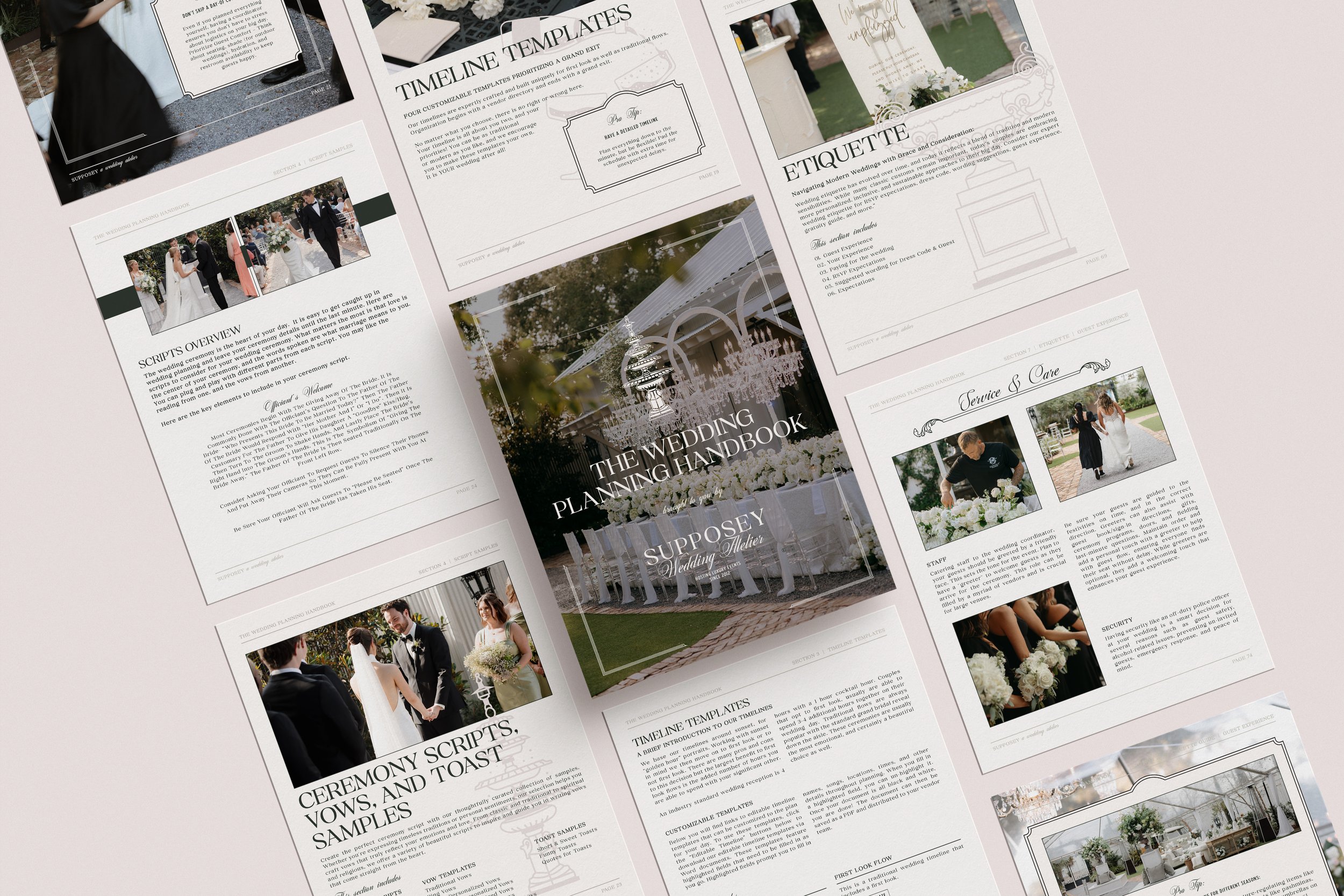 Cover page of a wedding planning handbook titled "The Wedding Planning Handbook" with a background image of a wedding reception setup featuring a chandelier and white flowers written by a Pensacola Wedding Venue Owner