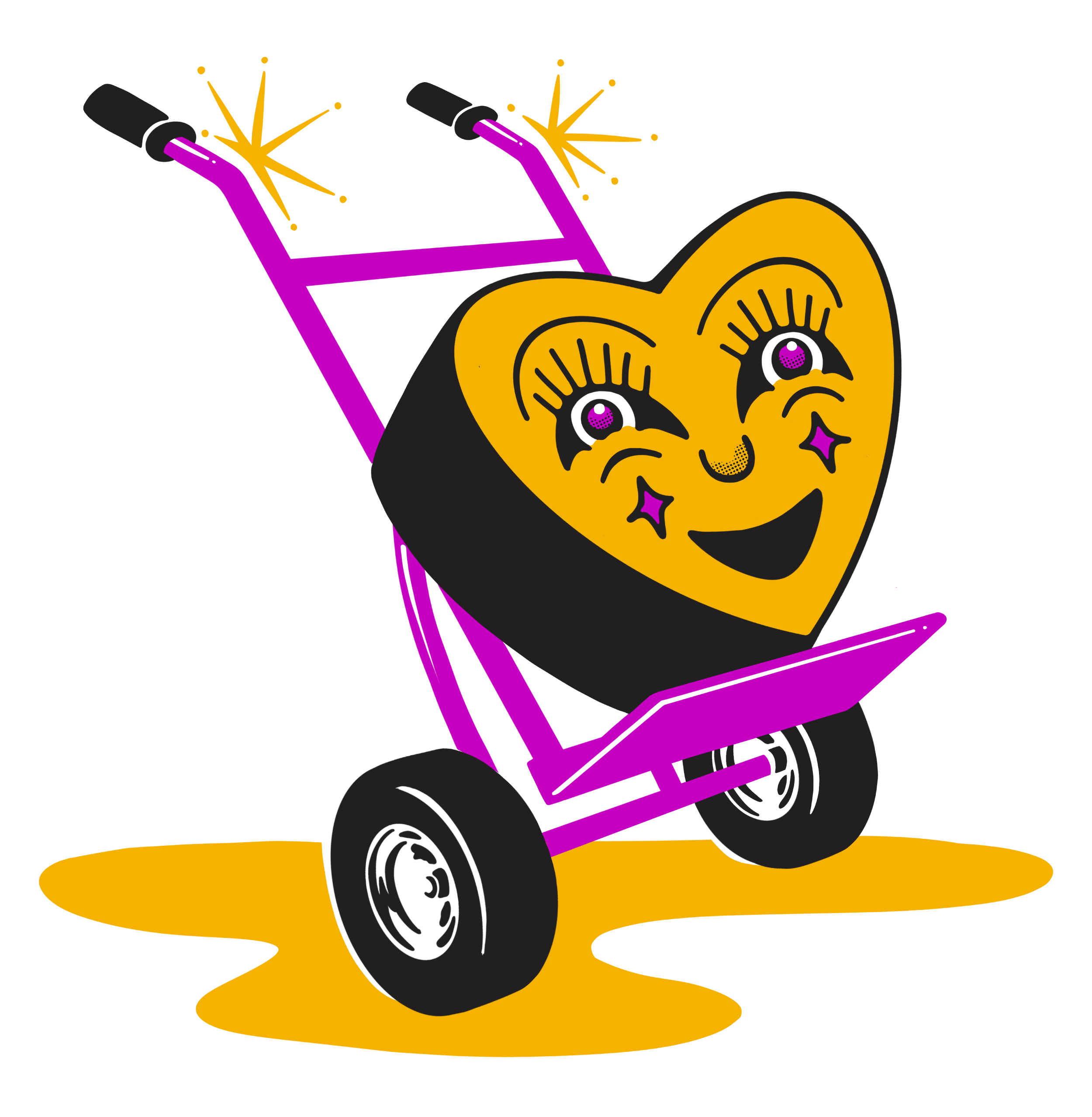 A cartoon-style illustration of a black scooter with purple handlebars, a yellow headlight with a smiling face, and purple accents on a yellow oval-shaped background. The scooter appears to be blowing up two small yellow firecrackers with sparks.