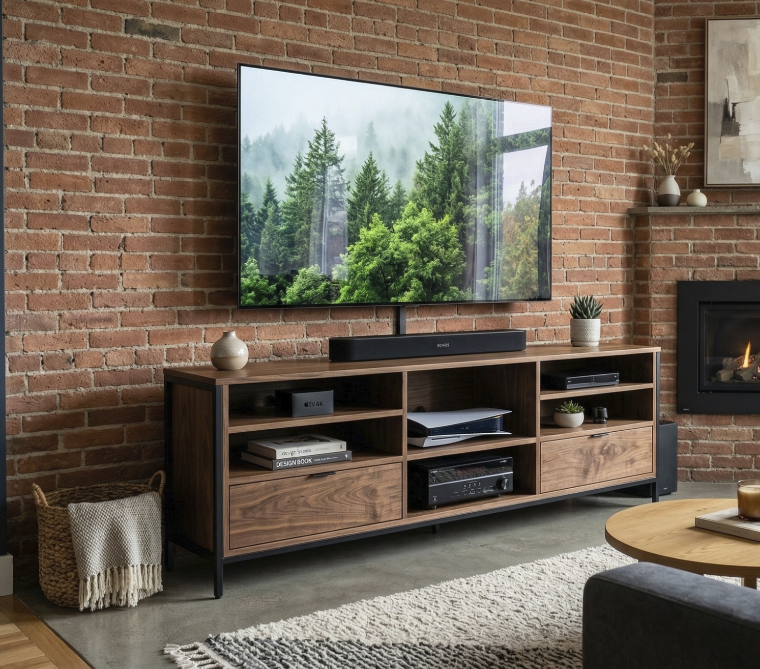 Sala con pared de ladrillo a la vista, televisión grande en la pared, estantería de madera con libros, decoraciones y equipo de sonido, chimenea encendida, alfombra blanca y muebles de sala alrededor.