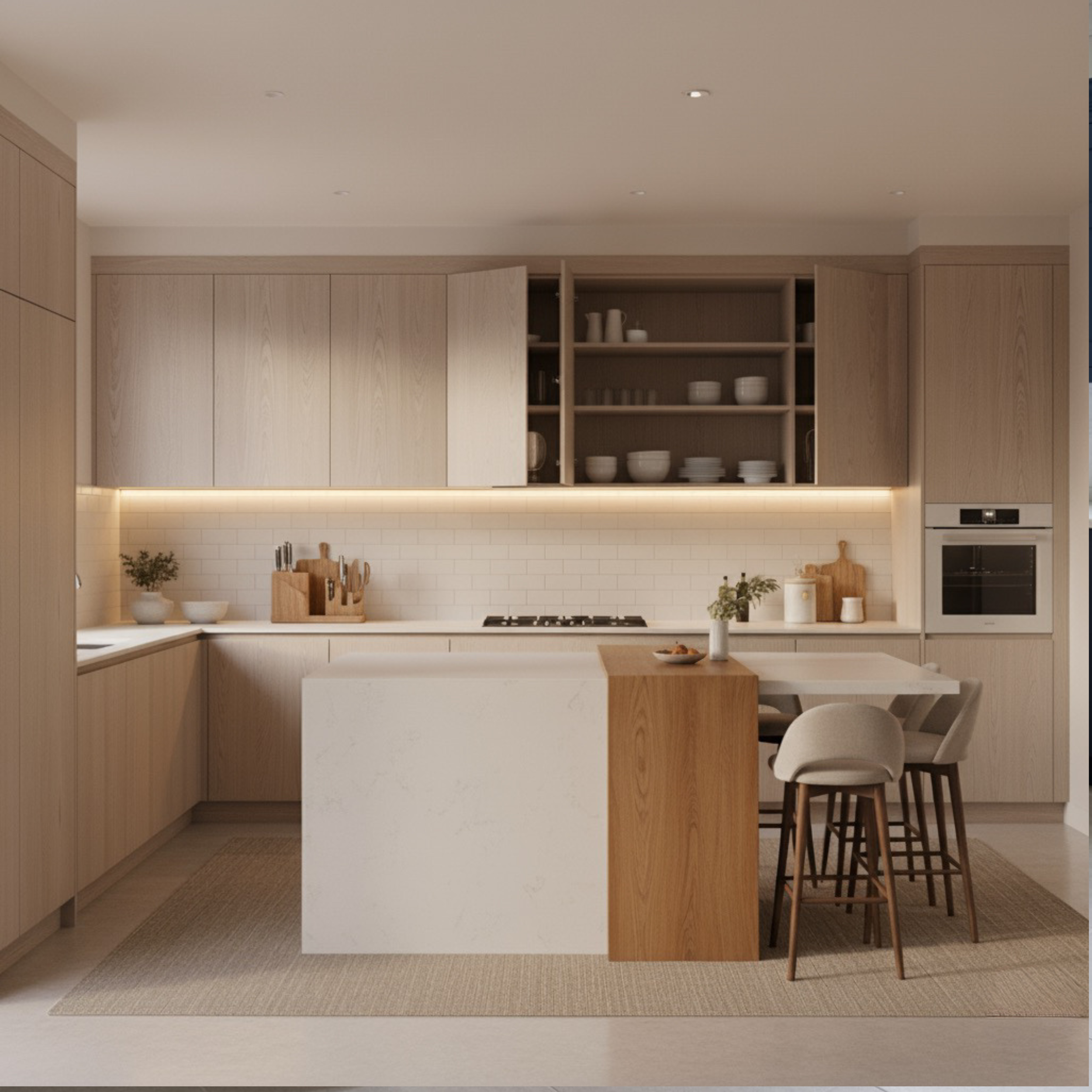 Cocina moderna con gabinetes de madera clara, encimera blanca, estanterías abiertas con platos y tazas, y una isla con taburetes de madera y asiento de tela beige.