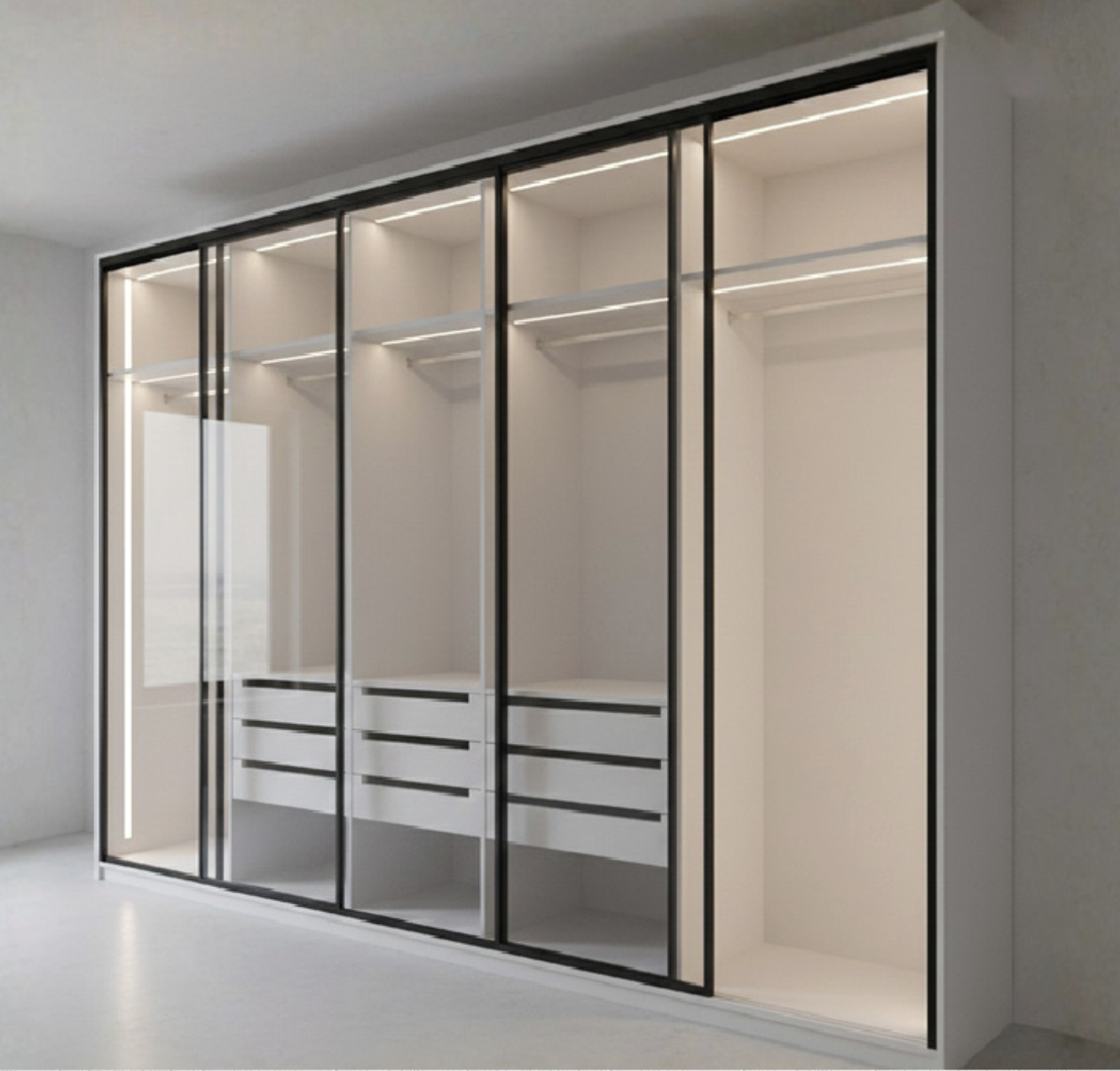 Closet de vidrio con estructura metálica y puertas corredizas, interior con estantes y cajones blancos.