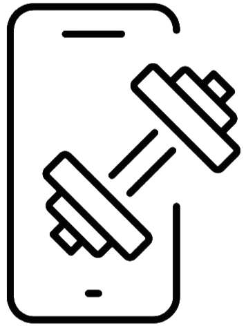 Line drawing of a smartphone with a dumbbell icon on its screen.