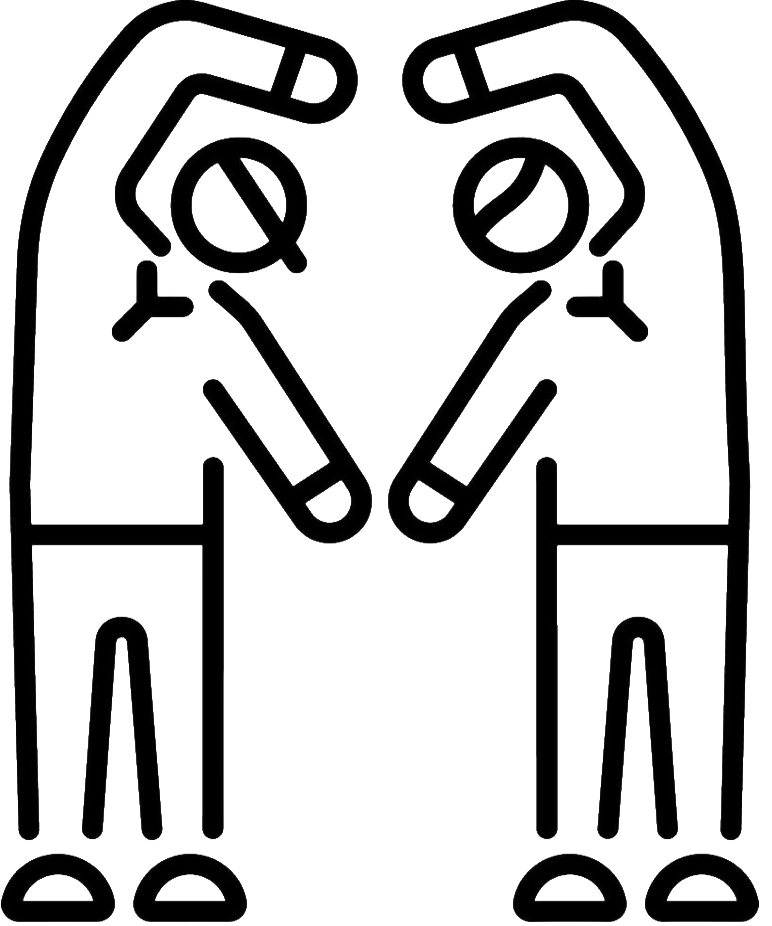 Line drawing of two people facing each other and holding their heads with their hands, symbolizing a handshake or agreement.