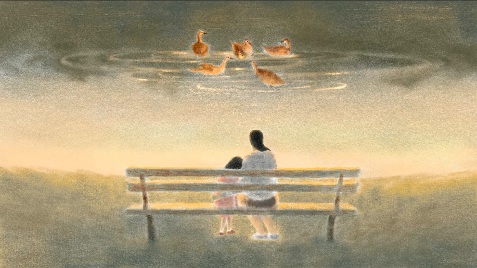 A person sitting alone on a park bench during sunset, looking at a flock of five ducks flying overhead.