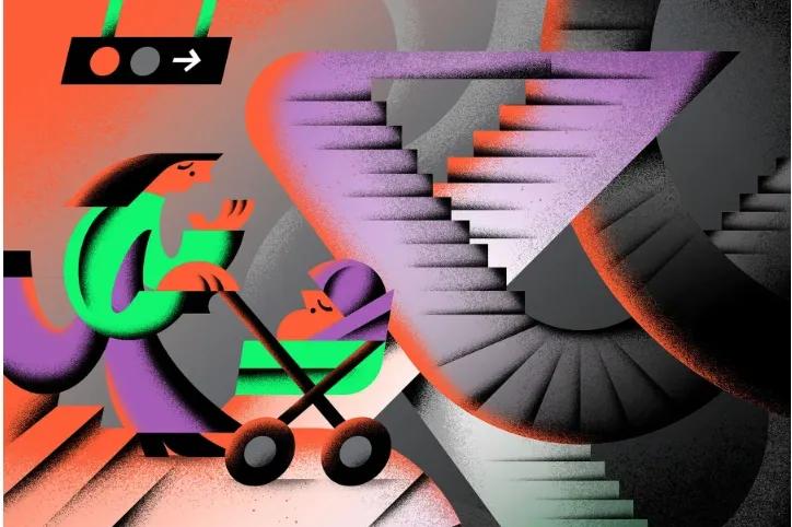 Stylized abstract digital artwork of a woman pushing a baby stroller near a spiraling staircase with geometric shapes and bold colors.