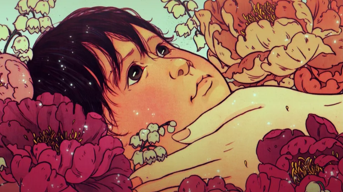 Illustration of a young child lying amidst large pink and cream-colored flowers, gazing thoughtfully.