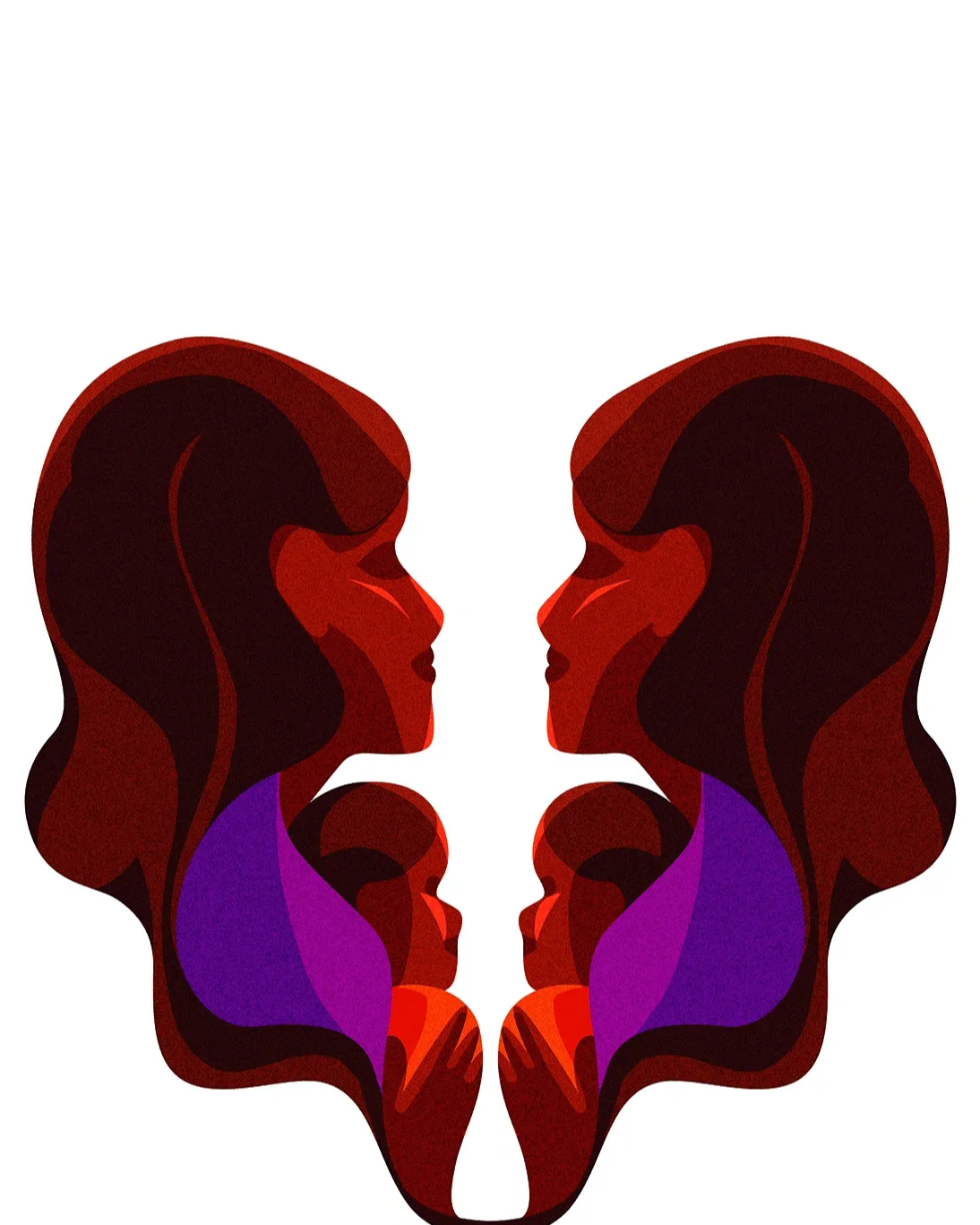 Symmetrical abstract art of two women facing each other with stylized profiles in warm brown, orange, black, and purple hues.