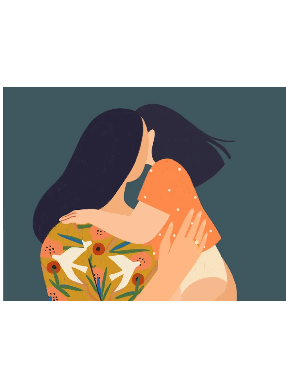 An illustration of two women hugging, one with long dark hair wearing a patterned top and the other with short dark hair wearing an orange shirt, set against a teal background.