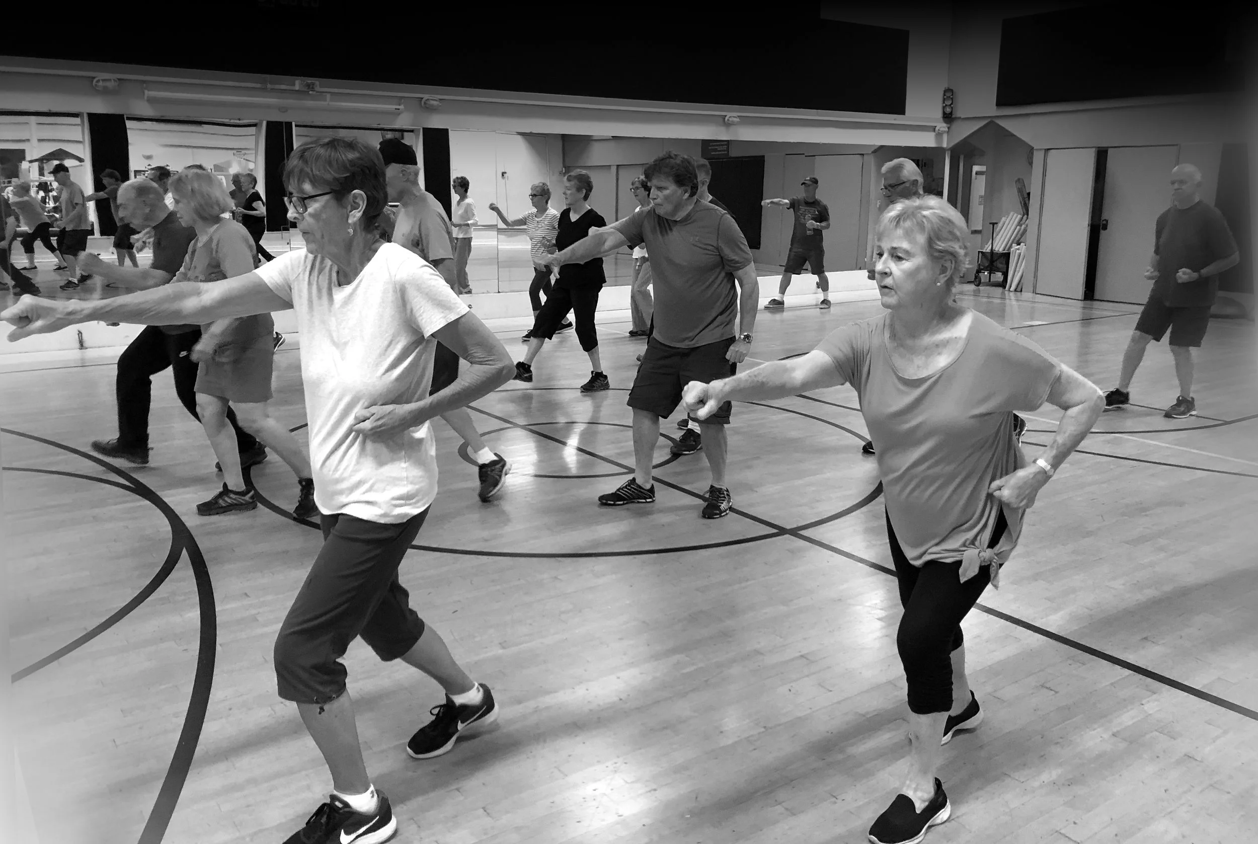 A group of elderly people participating in a dance or exercise class in a gymnasium, with some mirroring each other's movements.