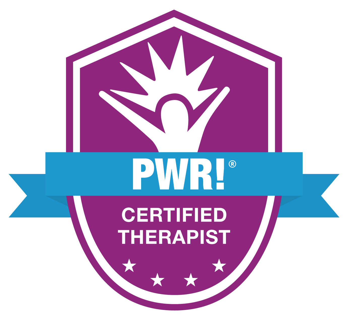 A badge with a purple shield that has a stylized person raising their arms and a radiant starburst above their head. A blue ribbon across the badge reads 'PWR!' and white text below states 'Certified Therapist'.