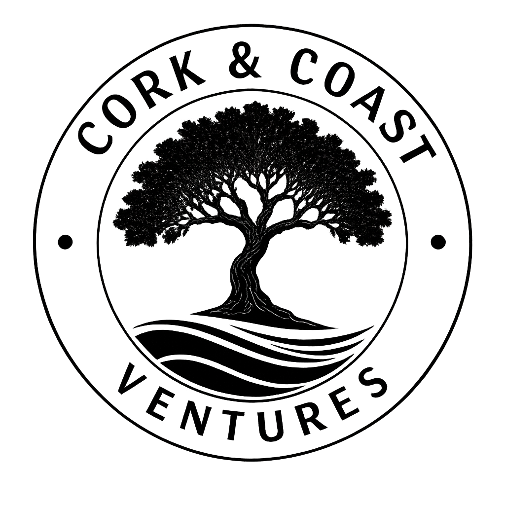 A circular logo with the words 'Cork & Cast Ventures' around the top and bottom edges, and features a detailed illustration of a large, leafy tree with a textured trunk and roots.