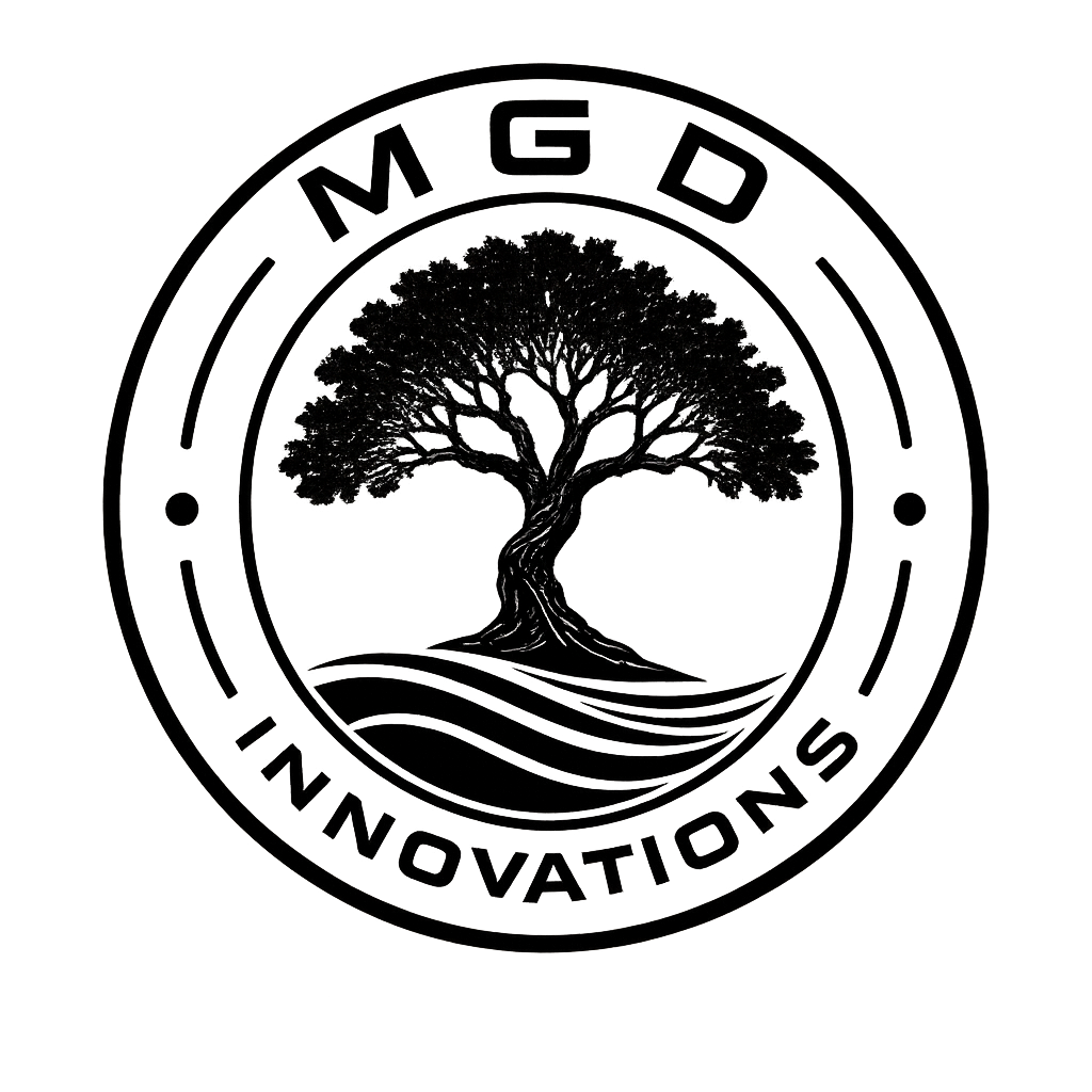 A logo featuring a detailed tree in the center with the words 'M G D' at the top and 'INNOVATIONS' at the bottom in a circular design.