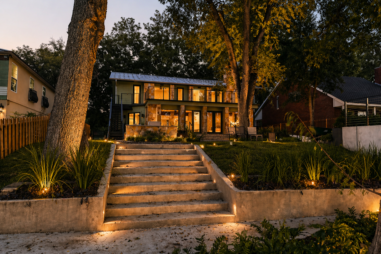 After photo of the lake-facing exterior at the Lake McQueeney Residence showing updated siding, metal roofing, shaded outdoor living areas, and a stronger connection to the lakefront landscape.