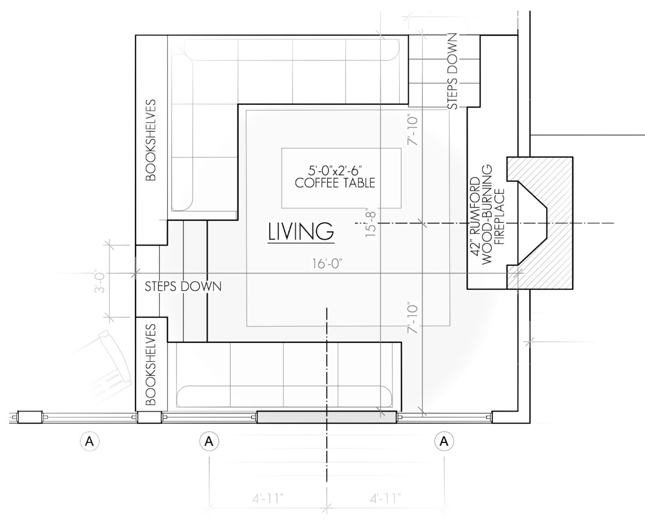 Architectural floor plan showing a living room with dimensions, a coffee table, a bookshelf, a wood-burning fireplace, and stairs descending from the entrance.