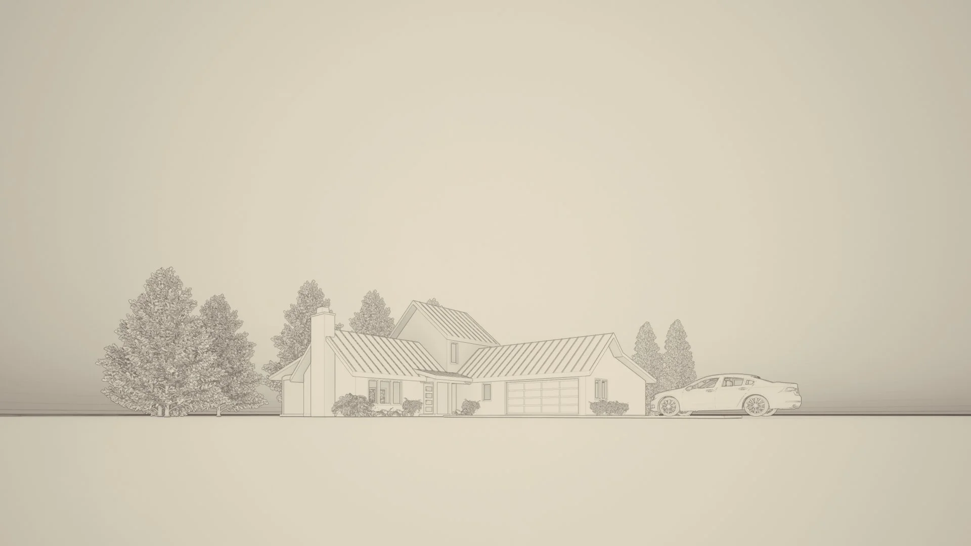 Sketch of a house with a pitched roof, garage, trees, and a car parked outside, on a plain background.