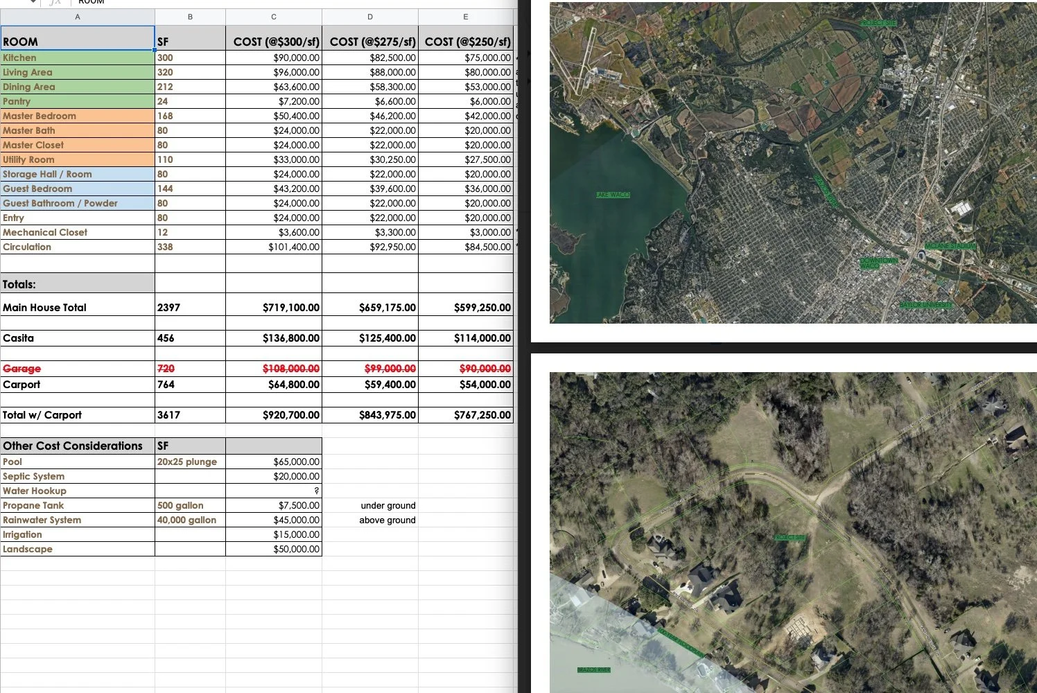 A spreadsheet with project costs and calculations on the left, a satellite map of a lakeside area with labels on the right, and an aerial view of a residential neighborhood at the bottom.
