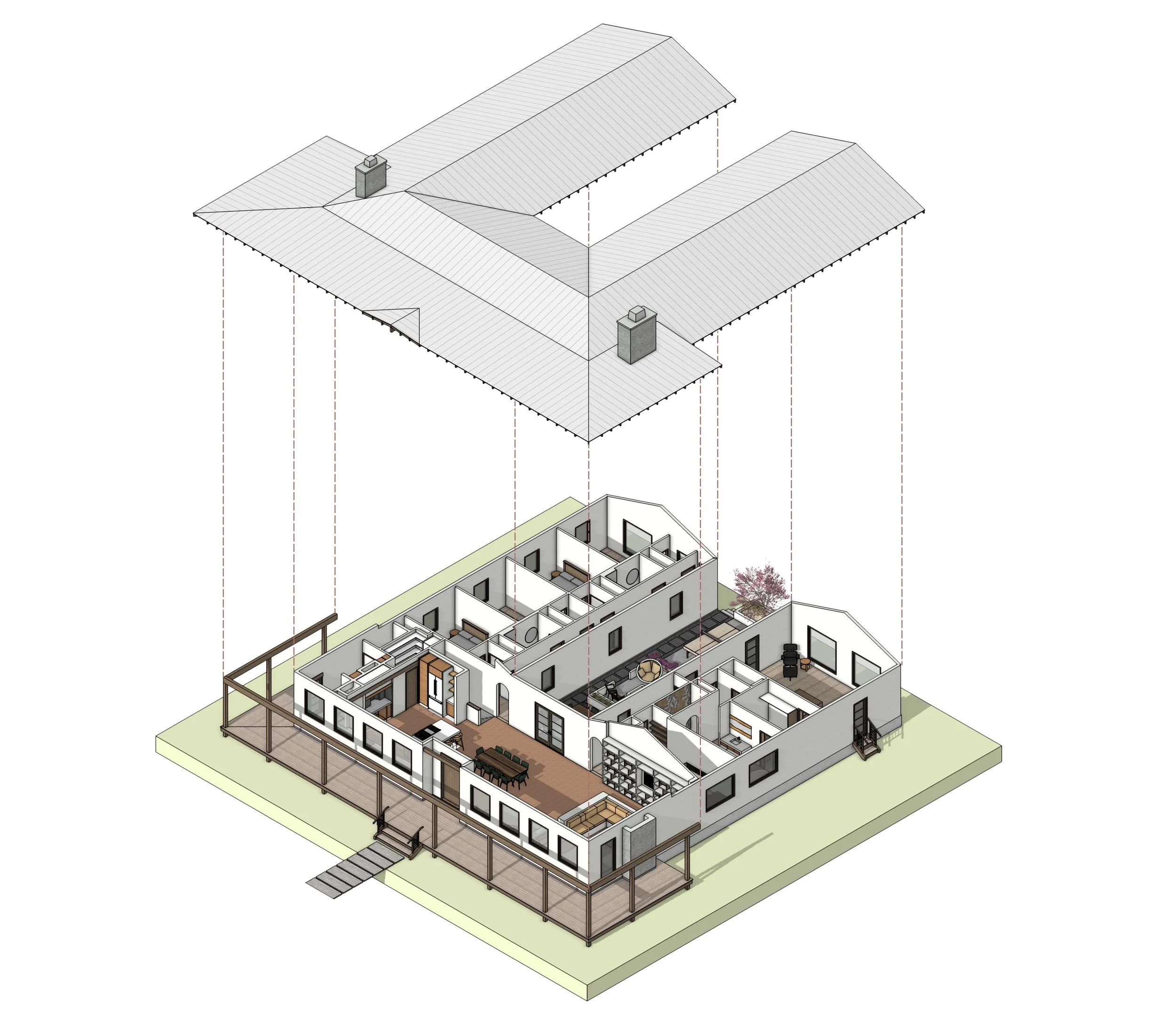 An exploded view of a multi-story house showing detailed interior rooms, exterior architecture, and roofing structure.