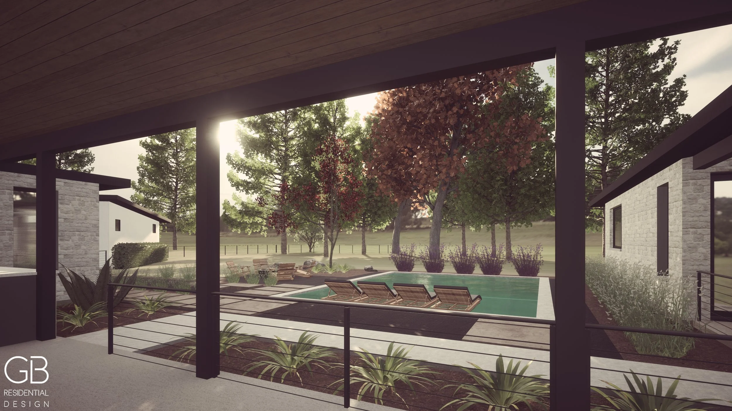 An outdoor residential area seen from a covered patio with a wooden ceiling, black posts, and glass railing. There are lounge chairs by a pool, surrounded by trees and shrubs with a house in the background.