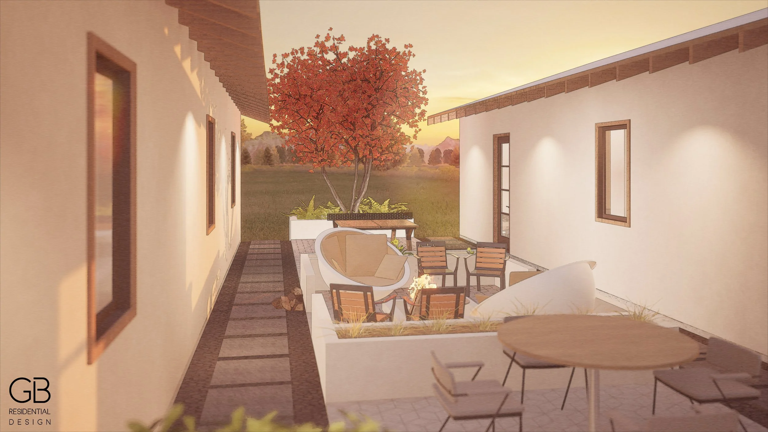 Outdoor patio with seating area, a tree with red autumn leaves, and surrounding houses at sunset.