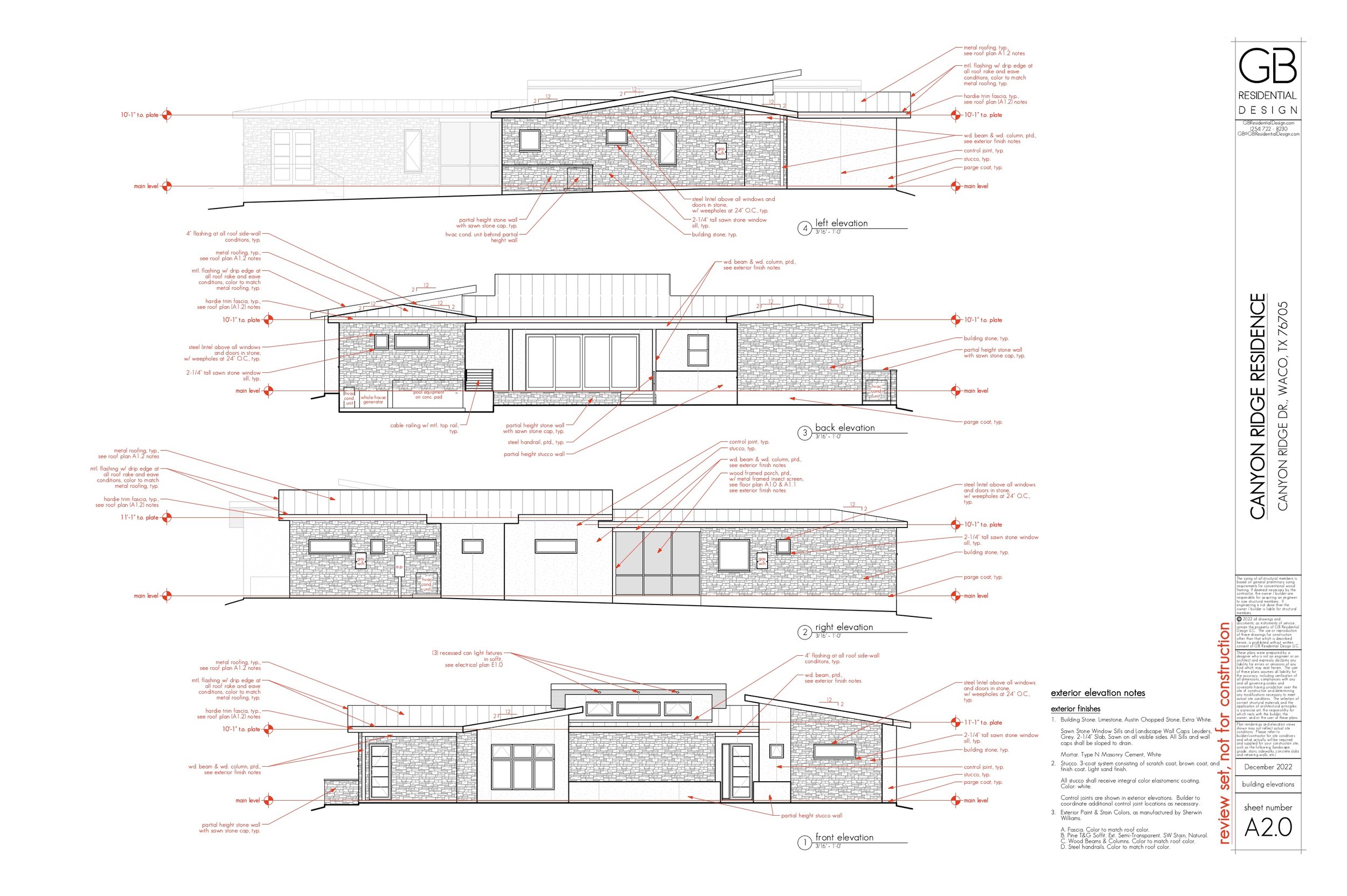 Architectural blueprint of a residential building showing front, right, back, and left elevations with detailed annotations.